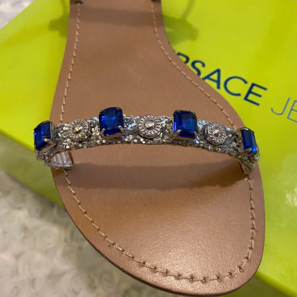 Versace Jeans Ladies Blue Glitter Mirror Flat Sandals-37 - Picture 2 of 12